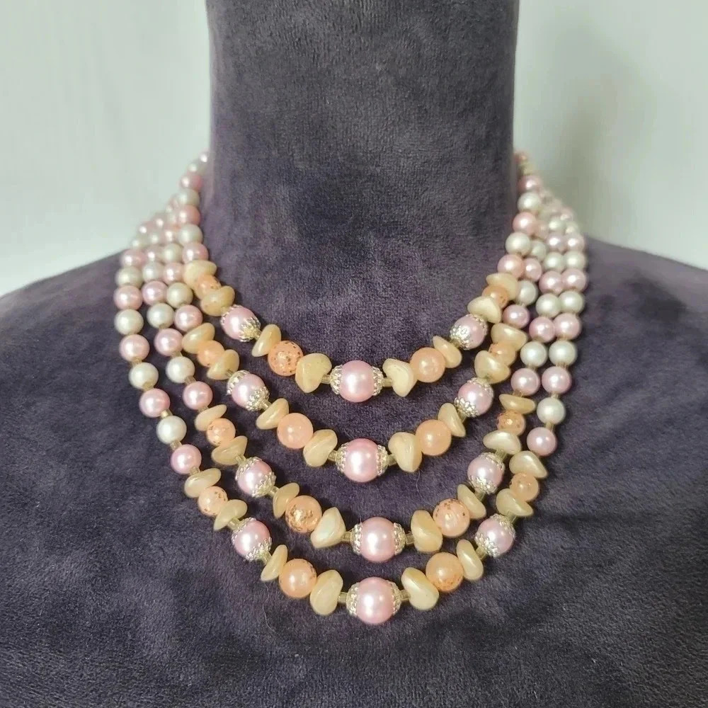 Vintage Gorgeous Pastel Pink Peach Gold Ivory Layered Bead Necklace 17" Plastic